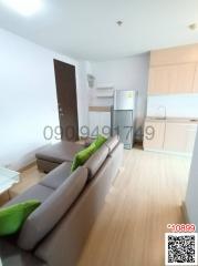 Cozy living room with comfortable sofa and adjoining kitchenette featuring modern appliances