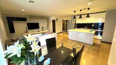 Modern open-concept kitchen with adjacent living area featuring sleek appliances and ample lighting