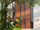 Modern home entrance behind lush greenery