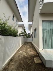 Narrow side yard of a residential house with partial greenery and potential for landscaping