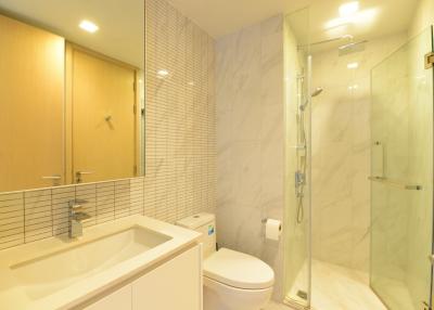 Modern bathroom interior with shower and vanity