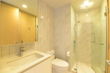 Modern bathroom interior with shower and vanity