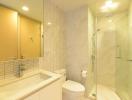 Modern bathroom interior with shower and vanity