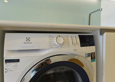 Front-loading Electrolux washing machine in a home laundry room