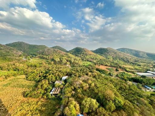 Aerial view of lush greenery and hills