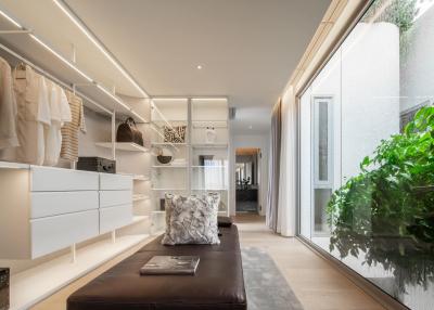 Modern bedroom with built-in wardrobes and a nature-inspired accent wall