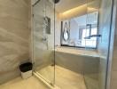 Modern bathroom with walk-in shower and large mirror