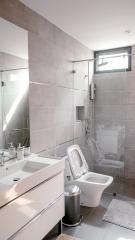 Modern bathroom with walk-in shower and white furnishings