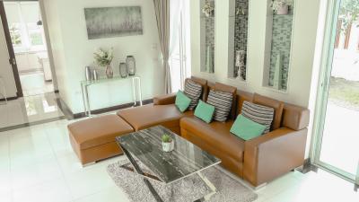 Modern and bright living room with leather sofa and glass coffee table