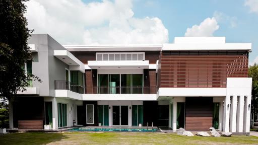 Modern two-story house with swimming pool and spacious front yard