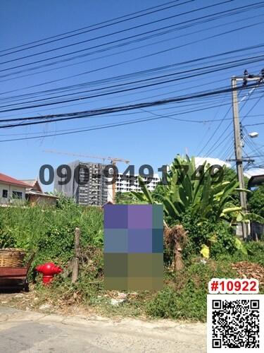 Urban land for development with overgrown vegetation and a high-rise building in the background under clear blue skies