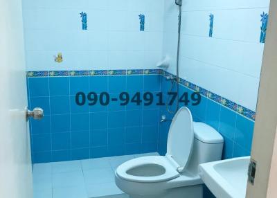 Compact bathroom with blue tile walls and white fixtures