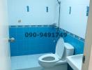 Compact bathroom with blue tile walls and white fixtures