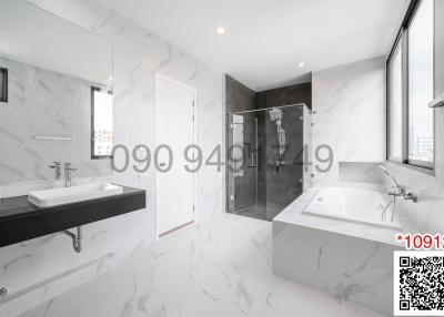 Modern bathroom with marble finish and large window