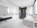 Modern bathroom with marble finish and large window