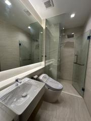 Modern designed bathroom with glass shower and extended vanity mirror