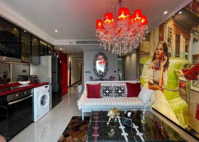 Modern living room interior with artistic decorations and red accents