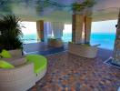 Spacious balcony with ocean view, comfortable seating, and artistic ceiling mural