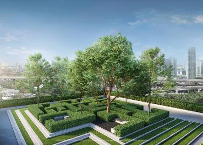 Lush rooftop garden with pedestrian paths in urban setting