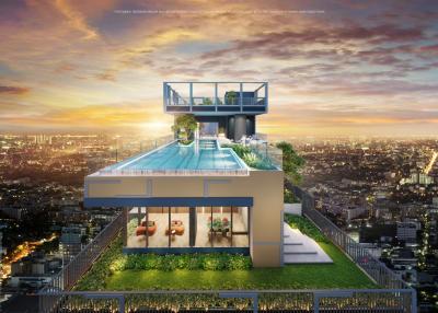 Luxurious rooftop with pool and sitting area overlooking city skyline at dusk
