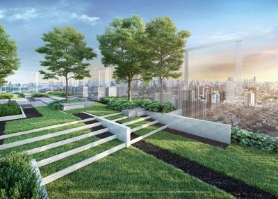 Modern rooftop garden with city skyline view and lush greenery