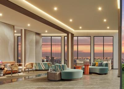 Luxurious living room with cityscape view at dusk