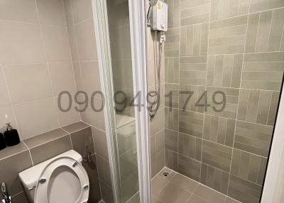 Compact bathroom with shower enclosure and toilet