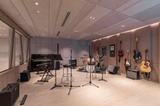 Spacious music room with instruments and modern design