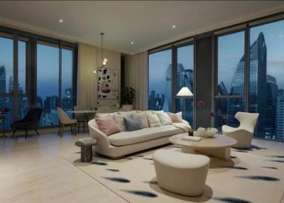 Modern living room interior with cityscape view