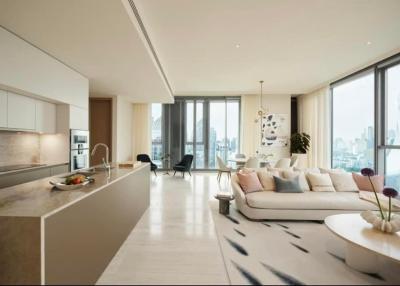 Modern open plan living area with kitchen, dining, and lounge spaces with city views
