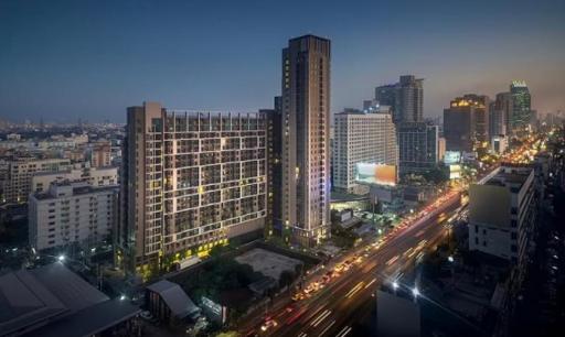 Modern high-rise buildings in urban skyline at dusk