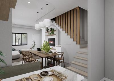 Modern open-concept living space with dining area and staircase