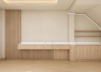 Modern minimalist interior with under-stair storage and wooden finish