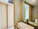 Modern bathroom with vanity and patterned glass door