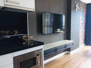 Modern living room interior with integrated kitchen appliances, a flat-screen TV, and decorative items