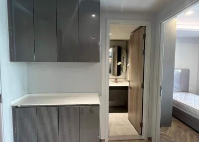 Bright hallway with modern cabinetry leading to rooms