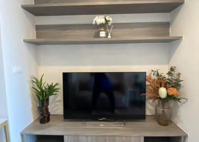 Modern living room with wall-mounted shelves and television unit