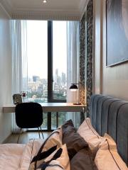 Modern bedroom with a city view