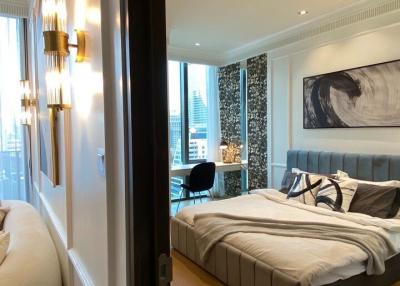 Modern bedroom with city view and elegant decor