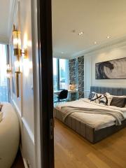 Modern bedroom with city view and elegant decor