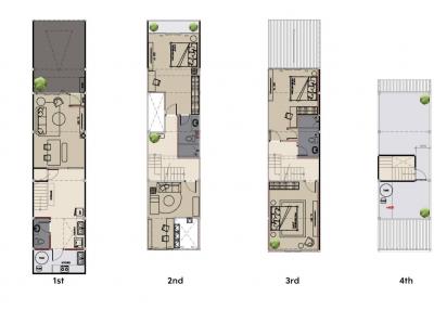 Architectural floor plan designs of a four-level building