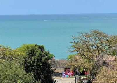 Scenic ocean view with lush trees and people enjoying the outdoors