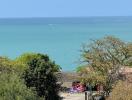 Scenic ocean view with lush trees and people enjoying the outdoors