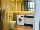 Modern bathroom with glass shower enclosure and laundry facilities