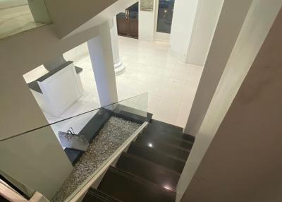 Modern staircase with dark steps and white balustrade in a residential home