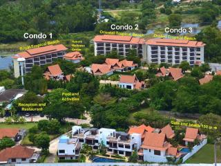 Aerial view of a tropical beach resort with condos, wellness center, and pool area
