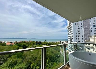 Spacious balcony with ocean view and hot tub