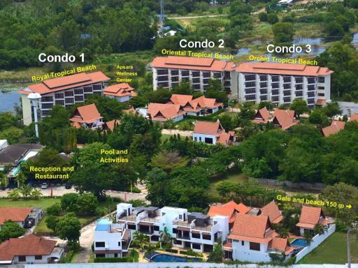 Aerial view of a resort complex with multiple condos, amenities, and proximity to the beach