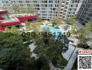 Aerial view of a residential building's landscaped outdoor common area with pool and seating amenities