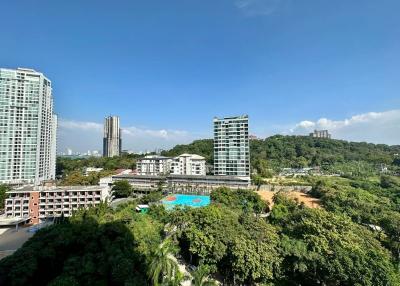 Panoramic view of the urban landscape with high-rise buildings and a pool